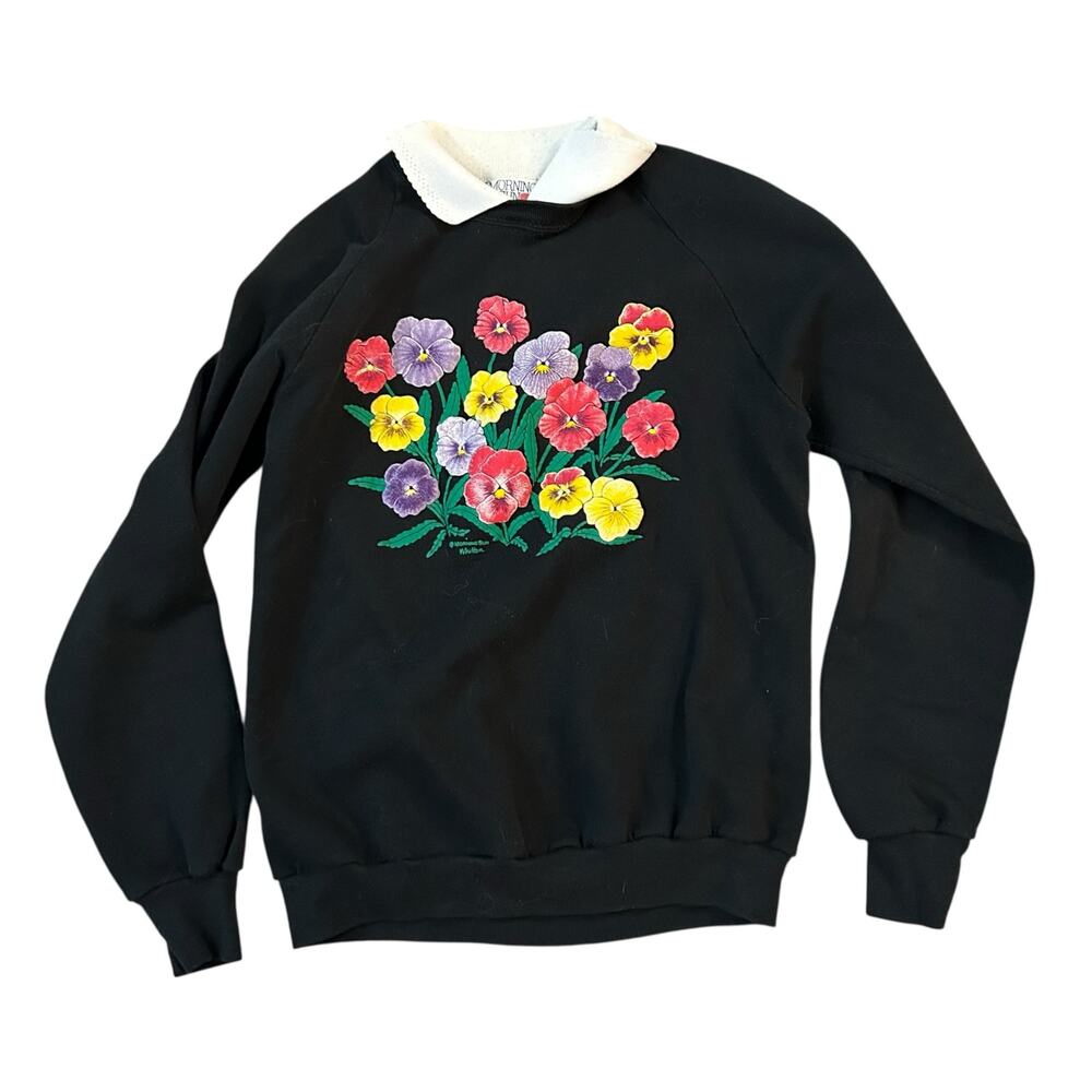 Vtg Morning Sun Black Sweatshirt Collared Floral Grandma Cottage Womens Large
